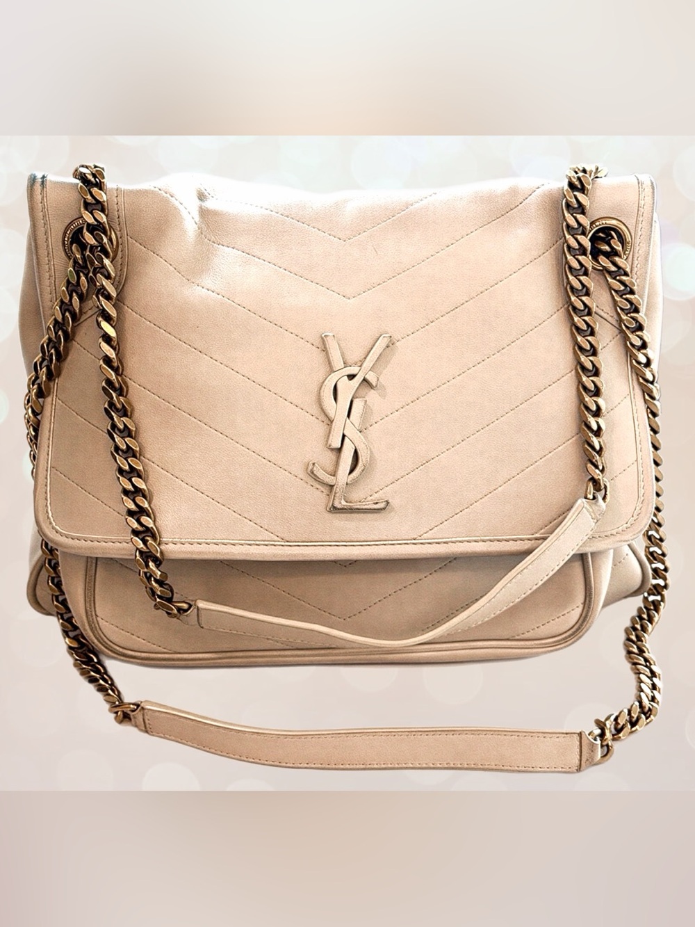 Saint Laurent YSL Niki Medium Quilted Cream Leather Gold Chain Shoulder Bag